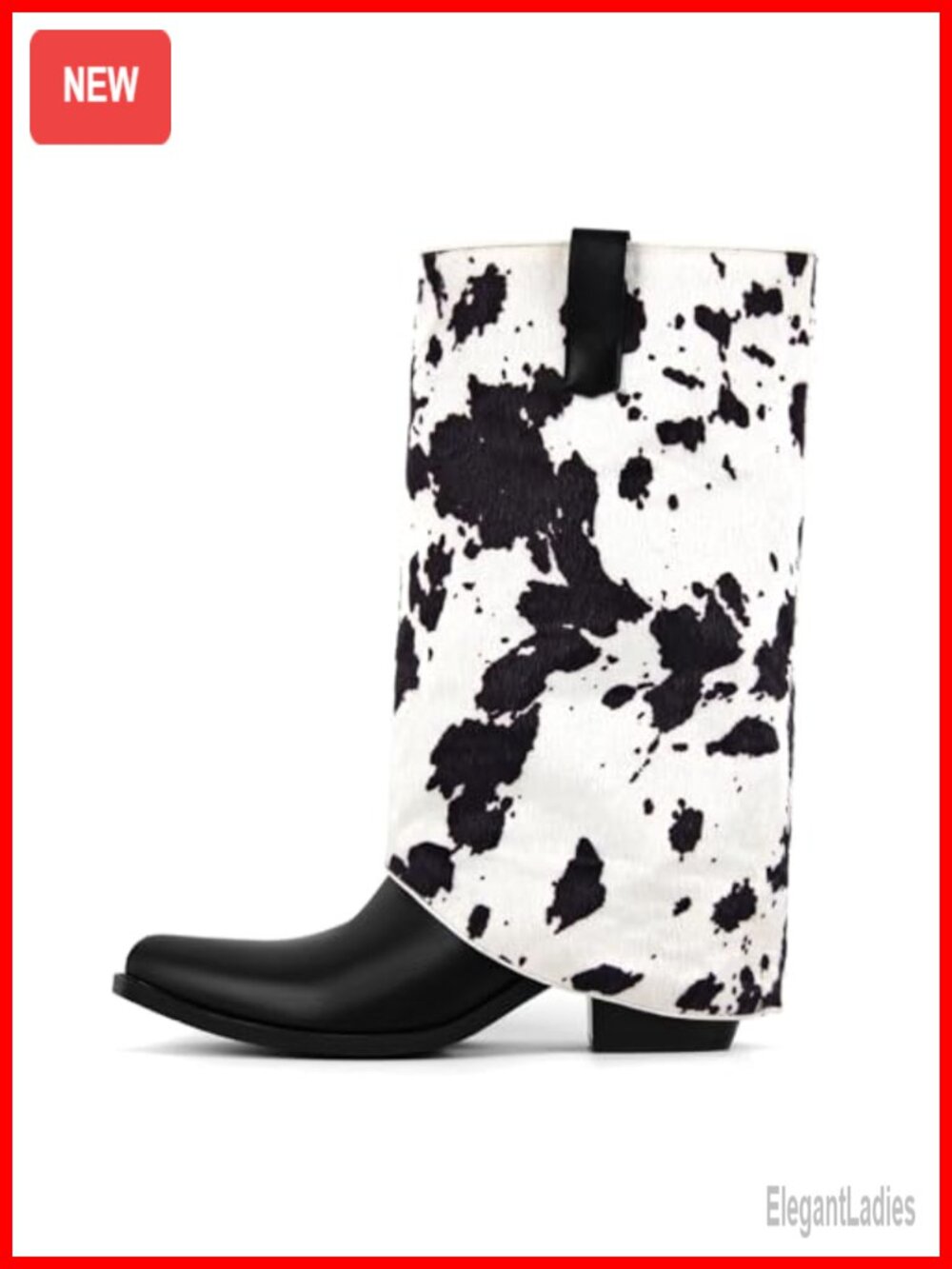 Cow Print Western Boots Mid Calf Pull On Stacked Heel Cowboy Boots for Women